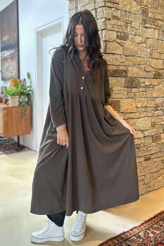 Made in Italy Donegal Cotton Jersey Smock Dress Chocolate